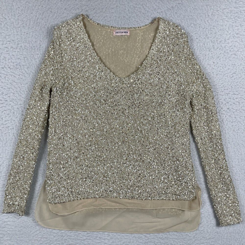Laetitia‎ Mem Sweater Womens Gold Beige Sequins Sheer Hem Party Career Knit Top